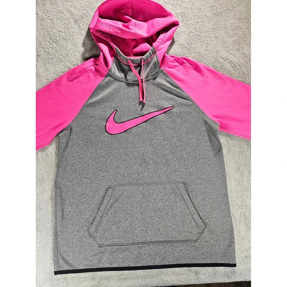 Nike Therma-FIT Hoodie Womens Grey Pink Colorblock Swoosh Funnel Neck Sweatshirt